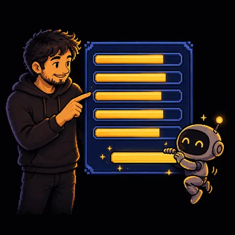 A blue menu window, like the character sheet of an old game, with six bars: the man points at the top five, which fill with golden light, and the small robot climbs onto the sixth bar and fills it, like someone joining the party. Image generated by artificial intelligence.