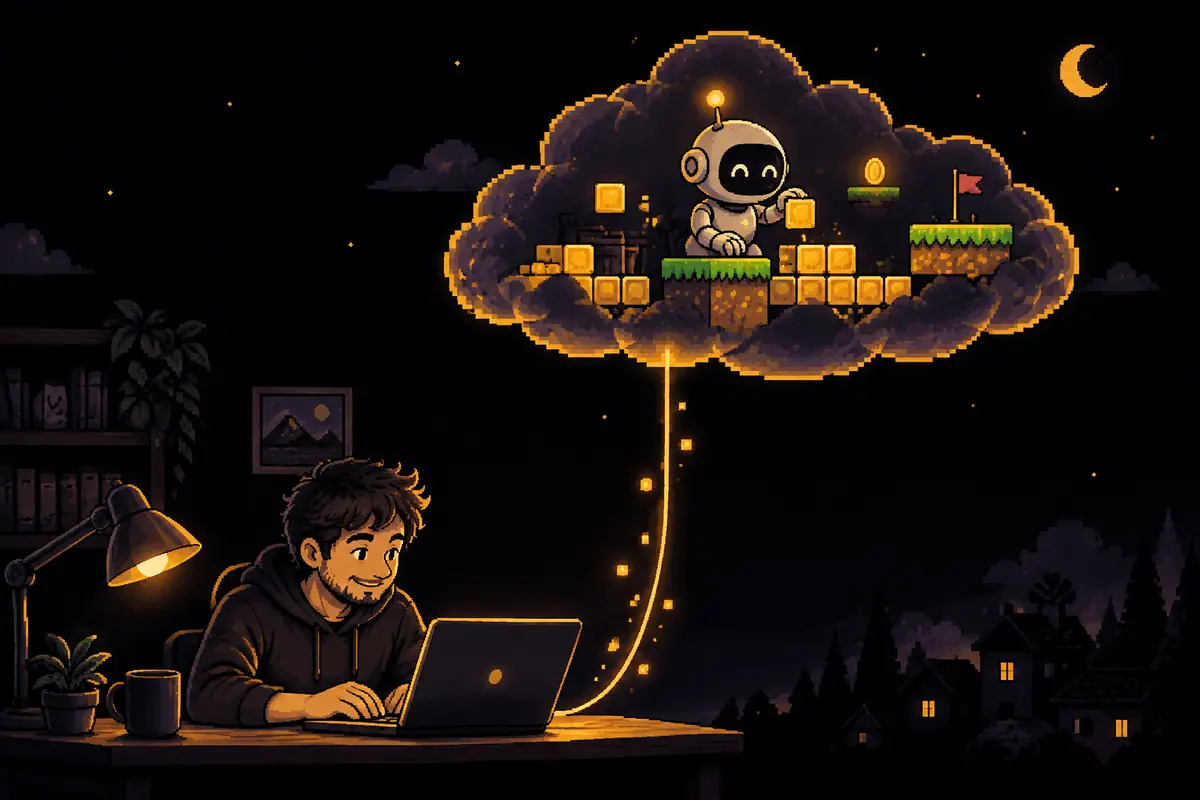 Ilustração em pixel art: um homem trabalha num notebook comum em casa, à noite, e um fio dourado sobe do notebook até uma nuvem, onde um pequeno robô monta uma fase de jogo. A imagem mostra que o trabalho pesado da IA acontece fora do computador. Imagem gerada por inteligência artificial.