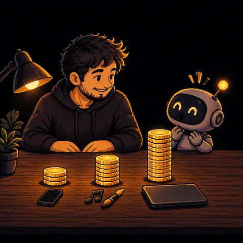 Três pilhas de moedas douradas numa mesa, uma baixa ao lado de um celular, uma média ao lado de um pincel e de uma nota musical e uma alta ao lado de um notebook fechado; o homem observa e o pequeno robô olha surpreso para a mais alta. Imagem gerada por inteligência artificial.