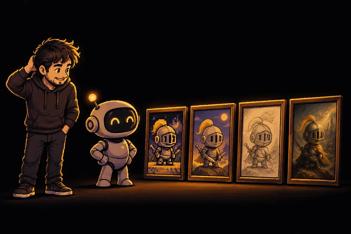 Pixel art illustration: the small robot proudly shows four portraits of the same hero, each in a different style, while the man scratches his head. The image shows the problem of keeping the same style across all of a game's images. Image generated by artificial intelligence.