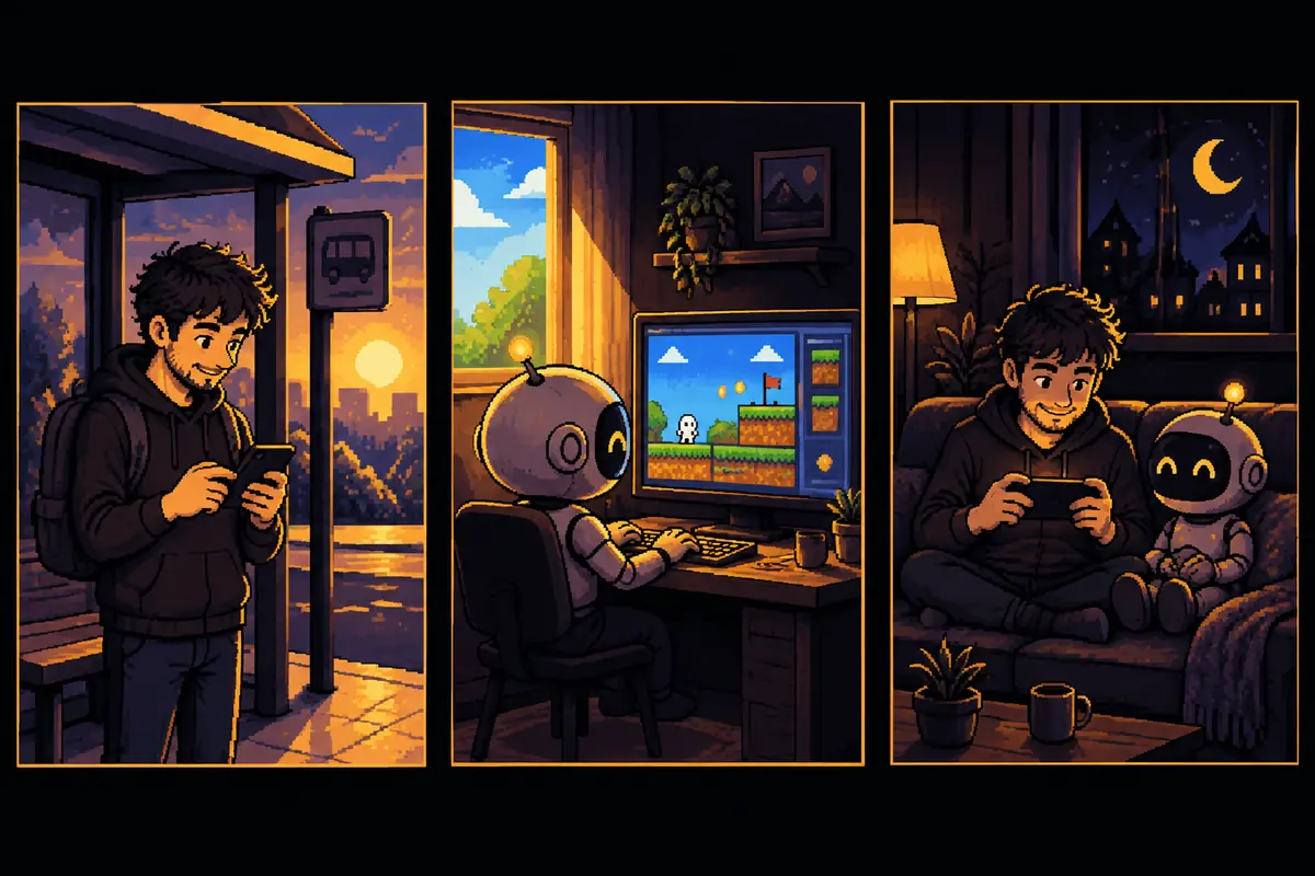 Three panels side by side of a workday: in the morning, the man sends a message from his phone at the bus stop; at midday, the small robot works alone on the home computer, building a game; at night, the man plays the new version on the sofa, with the robot beside him. It shows the rhythm of asking, letting the AI work, and testing later. Image generated by artificial intelligence.