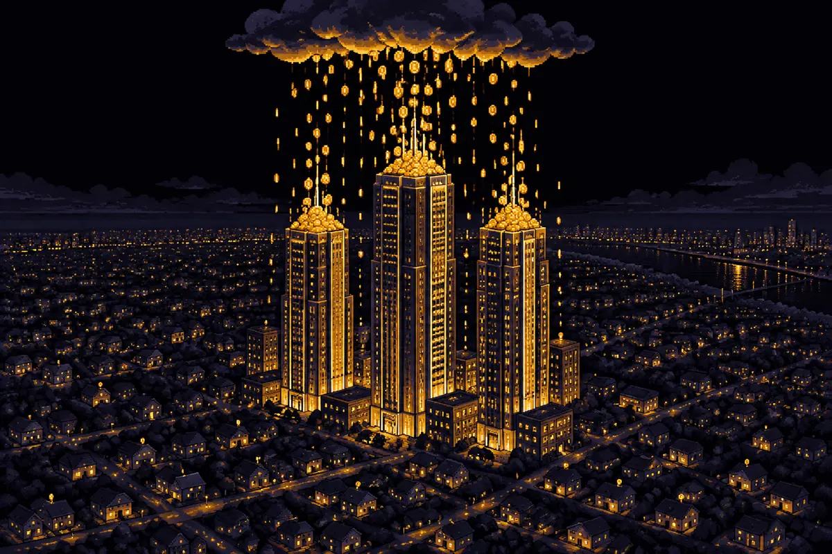 Una ciudad vista desde arriba, de noche, con tres rascacielos gigantes en el centro y cientos de casitas alrededor. Una lluvia de monedas doradas cae casi toda sobre los tres edificios, y solo algunas monedas gotean sobre las casitas. Muestra cómo el dinero de los juegos de celular se concentra en pocas empresas. Imagen generada por inteligencia artificial.