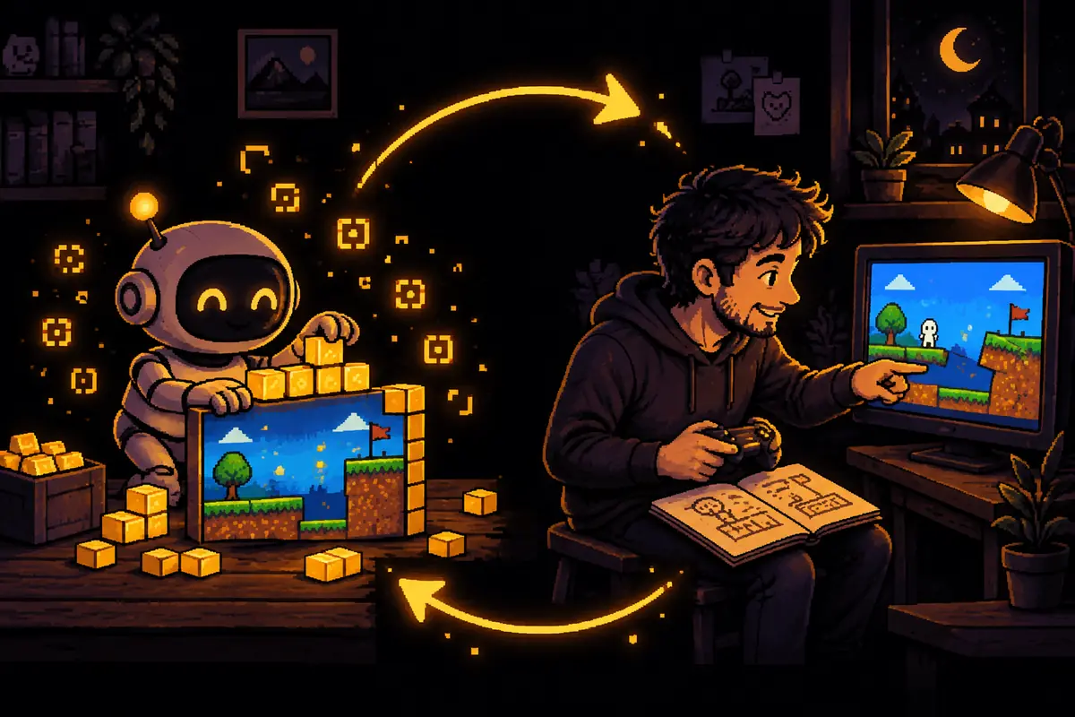 Pixel art illustration: on one side, the small robot quickly builds a game level out of golden blocks; on the other, the man plays that level with a controller and points at a spot on the screen. A golden path connects the two sides in a circle. The image shows the division of labor: AI builds, the person tests and sends it back. Image generated by artificial intelligence.