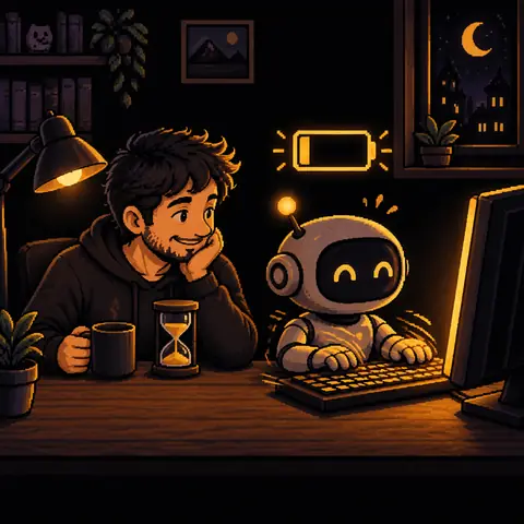 O pequeno robô digita depressa enquanto a bateria acima da cabeça dele pisca quase vazia; ao lado, o homem espera com um café e uma ampulheta. Imagem gerada por inteligência artificial.