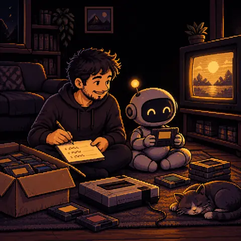Um homem sentado no chão da sala, à noite, ao lado de uma caixa de cartuchos antigos, escreve uma lista numa folha enquanto o pequeno robô olha um cartucho. Imagem gerada por inteligência artificial.