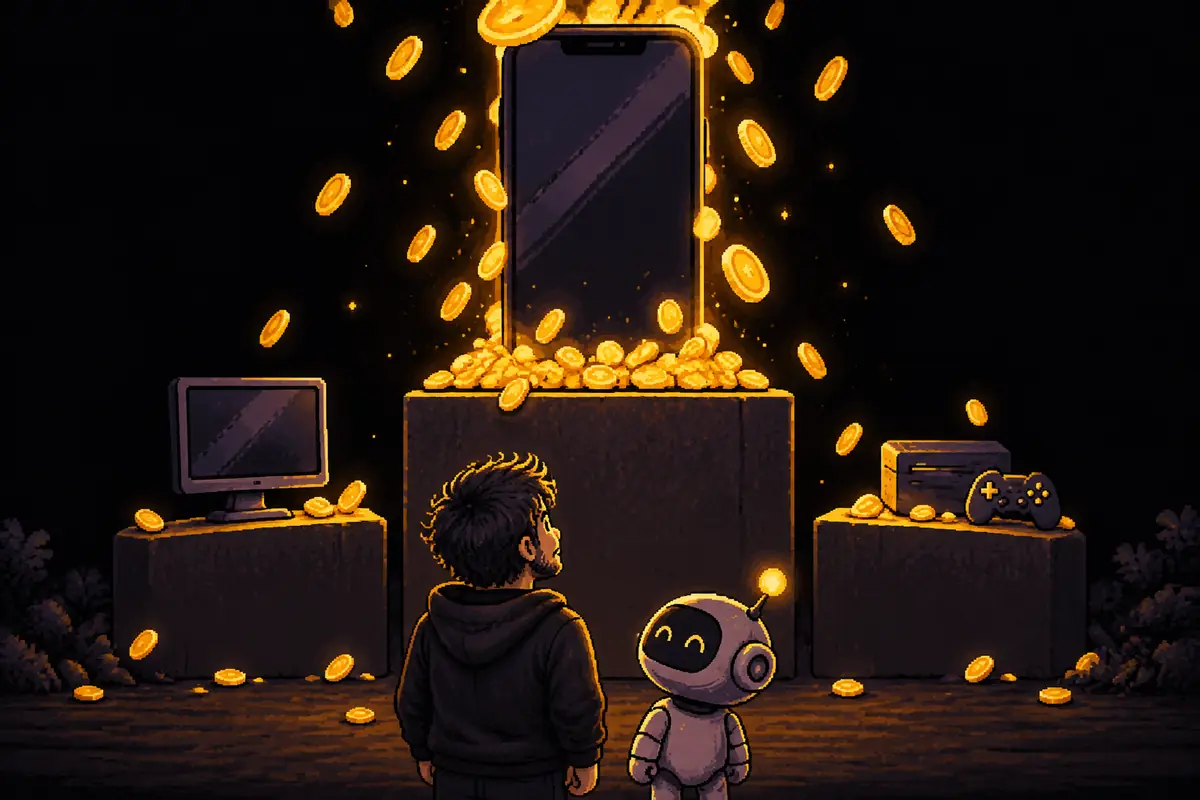 Um pódio de três degraus: no mais alto, um celular gigante que não cabe na imagem; nos outros dois, um monitor de computador e um videogame pequenos; quase todas as moedas douradas caem no degrau do celular, e o homem e o pequeno robô olham para cima. Mostra o celular maior que videogame e computador juntos. Imagem gerada por inteligência artificial.
