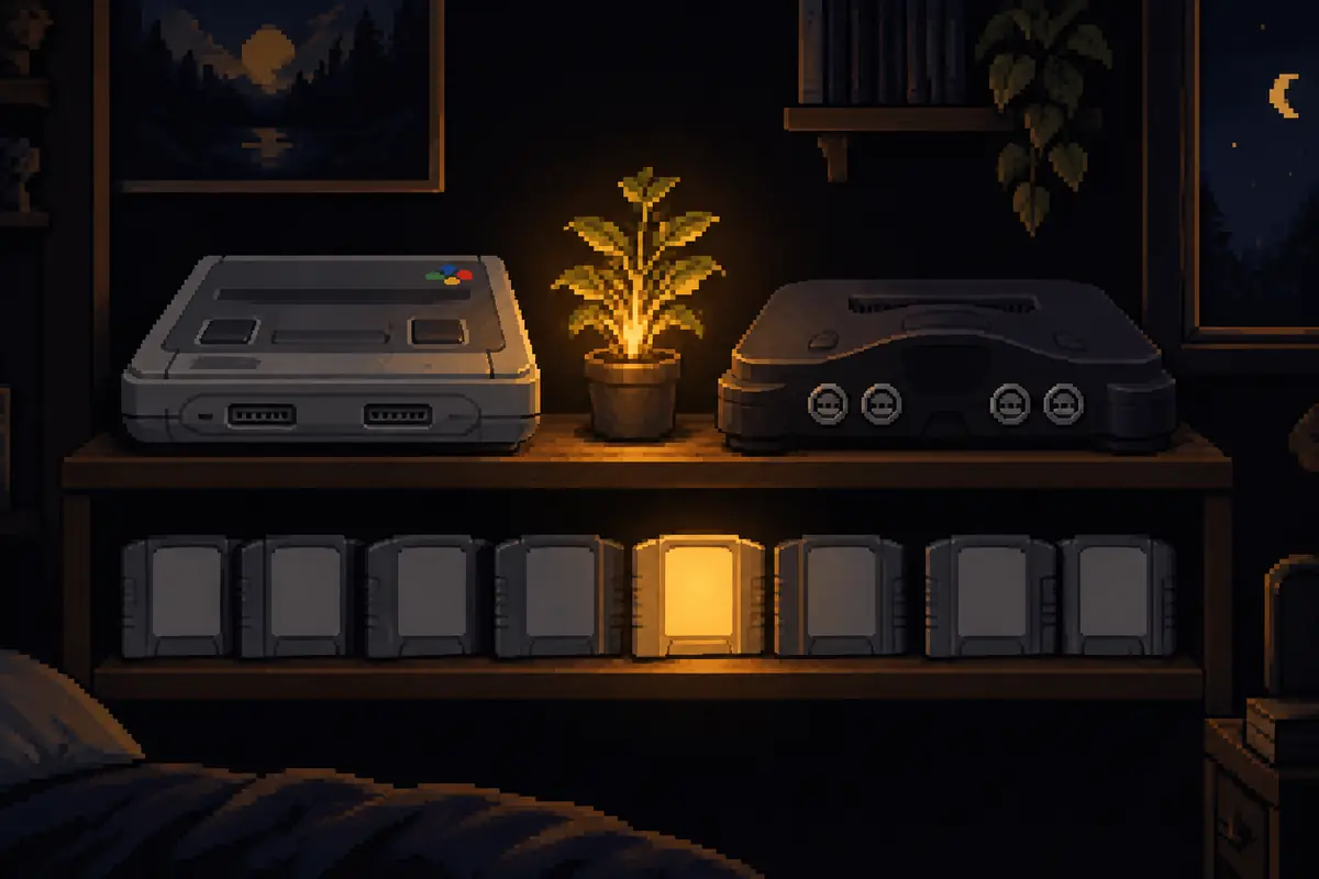 Ilustração em pixel art: um Super Nintendo e um Nintendo 64 numa estante à noite, com uma fileira de cartuchos e um deles brilhando como um tesouro. Imagem gerada por inteligência artificial.