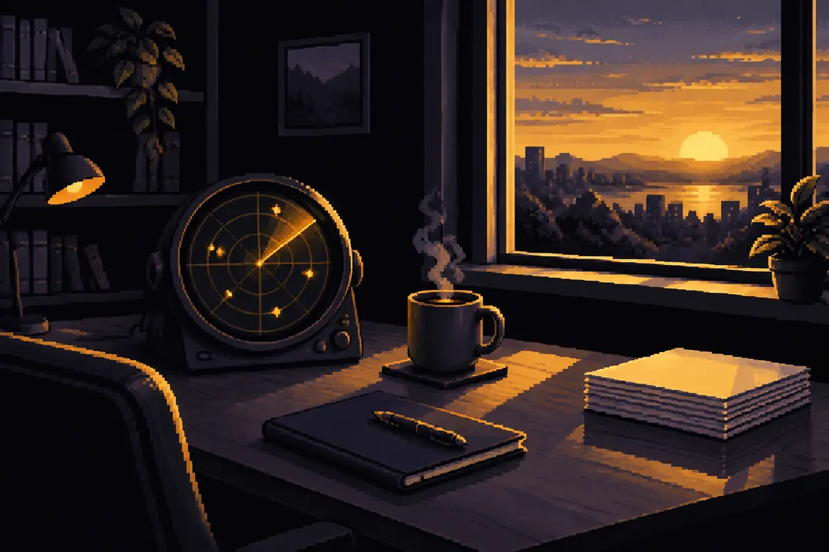 Ilustração em pixel art: um escritório em casa ao amanhecer, com uma tela de radar, café e jornais. Imagem gerada por inteligência artificial.