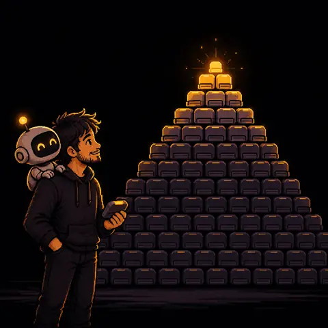 Pirâmide em pixel art feita de cartuchos de jogo: a base larga é de cartuchos apagados, o meio tem menos cartuchos acesos e o topo tem poucos cartuchos dourados; o homem, com o robô no ombro, segura um cartucho ao pé da pirâmide. Mostra que a maioria dos jogos lançados quase não é jogada e poucos chegam ao topo. Imagem gerada por inteligência artificial.