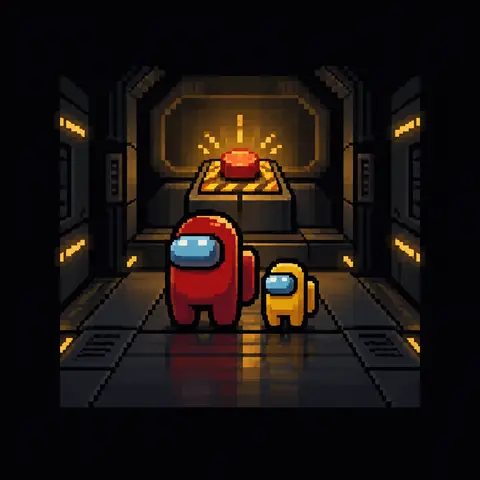Homenagem em pixel art a Among Us: dois tripulantes, um vermelho e um amarelo, num corredor de nave. Imagem gerada por inteligência artificial.