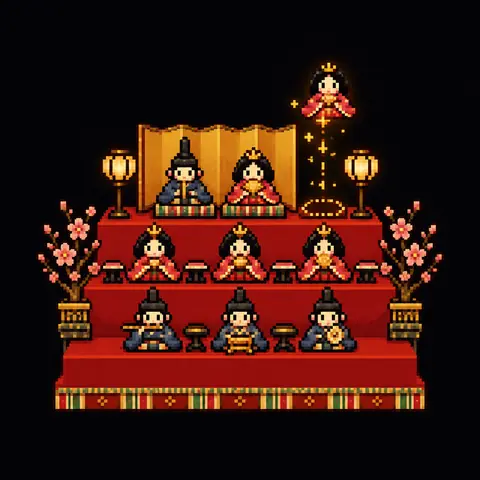 Homenagem em pixel art a Hinadan, o jogo de Masako Wakamiya: bonecas japonesas sendo arrumadas nos degraus de um altar vermelho. Imagem gerada por inteligência artificial.