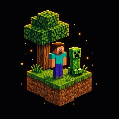 Homenagem em pixel art a Minecraft: o personagem Steve e um creeper numa ilha de blocos de grama. Imagem gerada por inteligência artificial.
