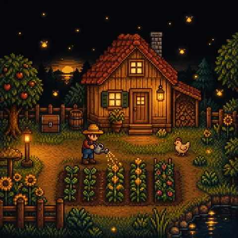 Homenagem em pixel art a Stardew Valley: o fazendeiro de chapéu de palha regando a horta perto da casa. Imagem gerada por inteligência artificial.