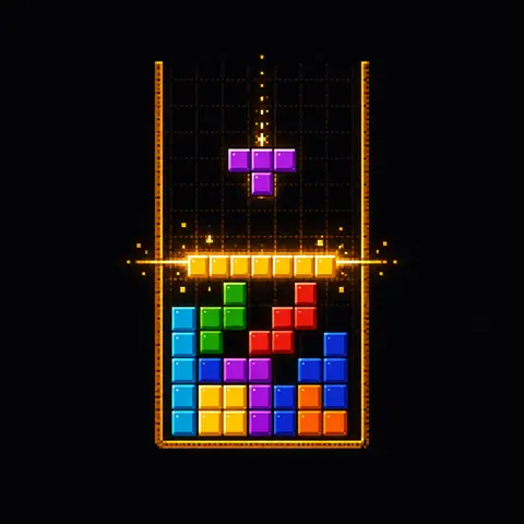 Homenagem em pixel art a Tetris: peças coloridas caindo e uma linha brilhando antes de sumir. Imagem gerada por inteligência artificial.