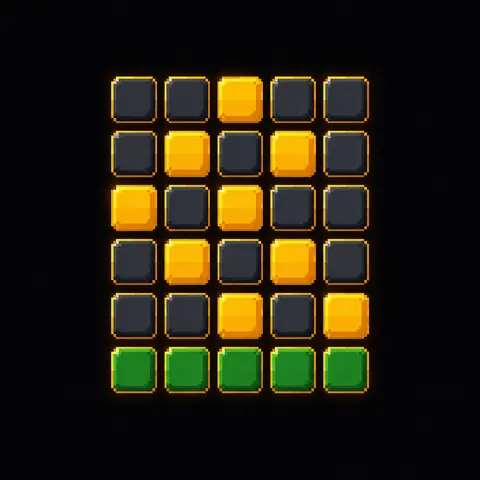Homenagem em pixel art a Wordle: a grade de quadrados verdes, amarelos e cinza, com a última linha toda verde. Imagem gerada por inteligência artificial.