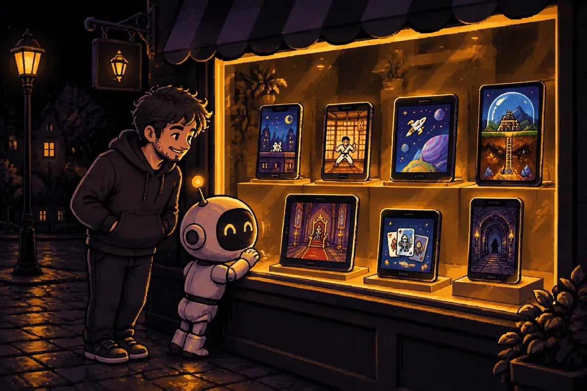Ilustração em pixel art: um homem e um pequeno robô diante de uma vitrine iluminada, à noite, com sete pequenos jogos em miniatura expostos em telas de celular e tablet, como um gato numa cidade, uma nave no espaço e uma cúpula numa mina. Imagem gerada por inteligência artificial.