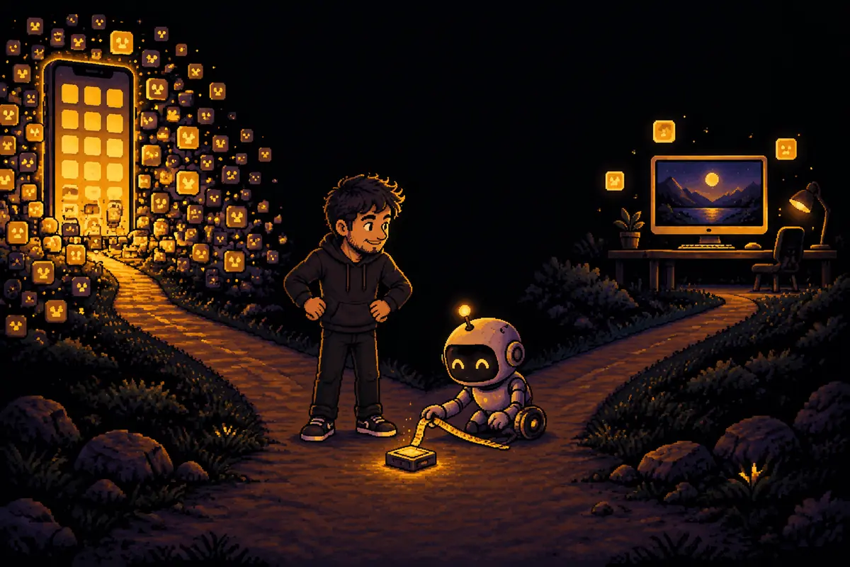 Ilustração em pixel art: à noite, o homem para numa bifurcação; um caminho leva a um celular gigante cercado por uma multidão de ícones de jogos, o outro a um monitor de computador mais tranquilo, e no meio o pequeno robô mede com uma trena um cartucho de jogo bem pequeno. Imagem gerada por inteligência artificial.