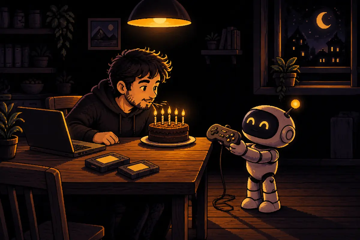 Ilustração em pixel art: à noite, na mesa da cozinha, um homem apaga as velas de um bolo de aniversário ao lado de um notebook aberto, enquanto um pequeno robô, de pé ao lado da mesa, estende um controle de videogame antigo. Imagem gerada por inteligência artificial.