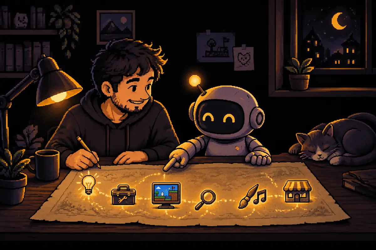 Ilustração em pixel art: um homem e um pequeno robô, à noite, olham um mapa sobre a mesa com um caminho dourado que liga uma lâmpada, uma caixa de ferramentas, uma tela com um jogo, uma lupa, um pincel com uma nota musical e uma pequena loja. Imagem gerada por inteligência artificial.