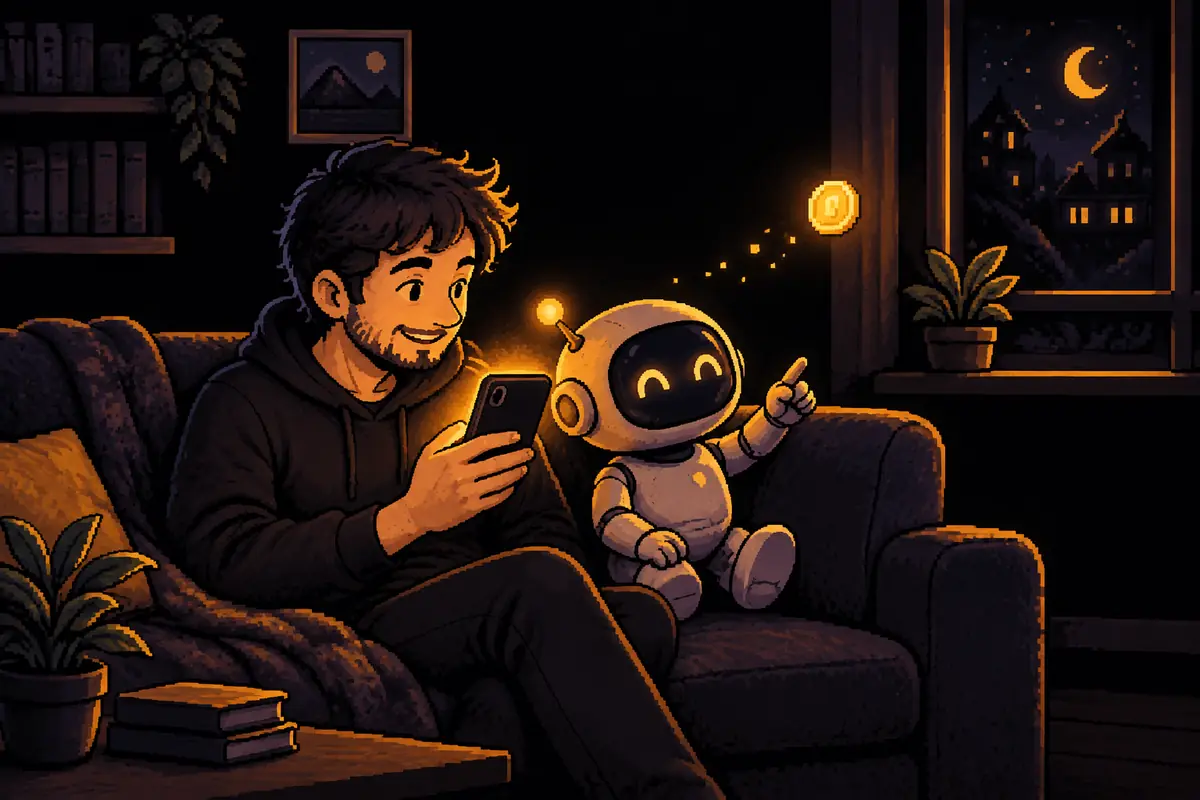 Ilustración en pixel art: de noche, un hombre sentado en el sofá sostiene un celular encendido; un pequeño robot a su lado señala una monedita dorada que sube desde detrás del aparato y flota hacia la ventana. Imagen generada por inteligencia artificial.