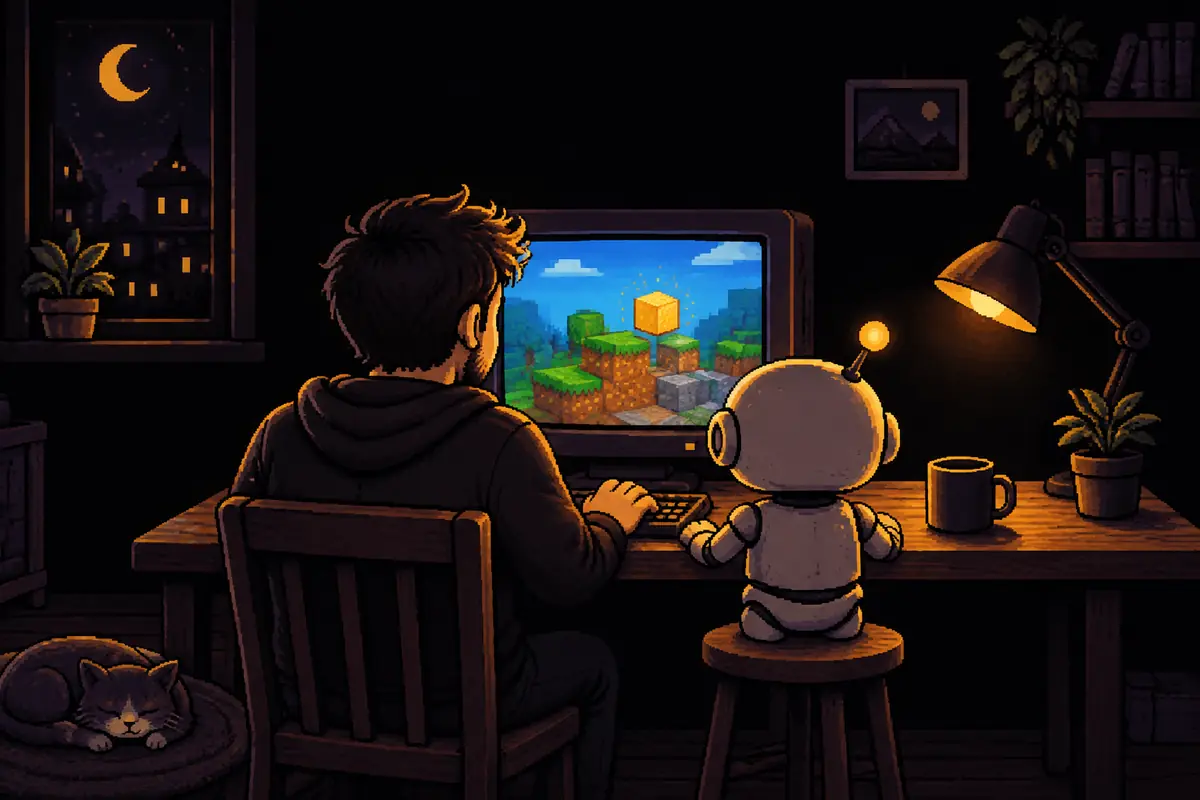 Ilustración en pixel art: de noche, un hombre y un pequeño robot, vistos de espaldas, en un escritorio de madera frente a un monitor antiguo que muestra un paisaje de bloques de pasto, tierra y piedra, con un bloque dorado que brilla; al lado, una taza, una lámpara, una ventana con la luna y un gato dormido en el suelo. Imagen generada por inteligencia artificial.
