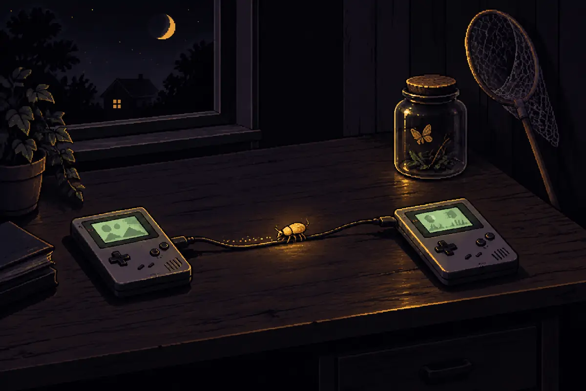 Ilustração em pixel art: à noite, dois videogames portáteis antigos ligados por um cabo, com um pequeno besouro dourado brilhando no meio do cabo, passando de um aparelho para o outro; ao lado, um pote de vidro de colecionar insetos. Imagem gerada por inteligência artificial.