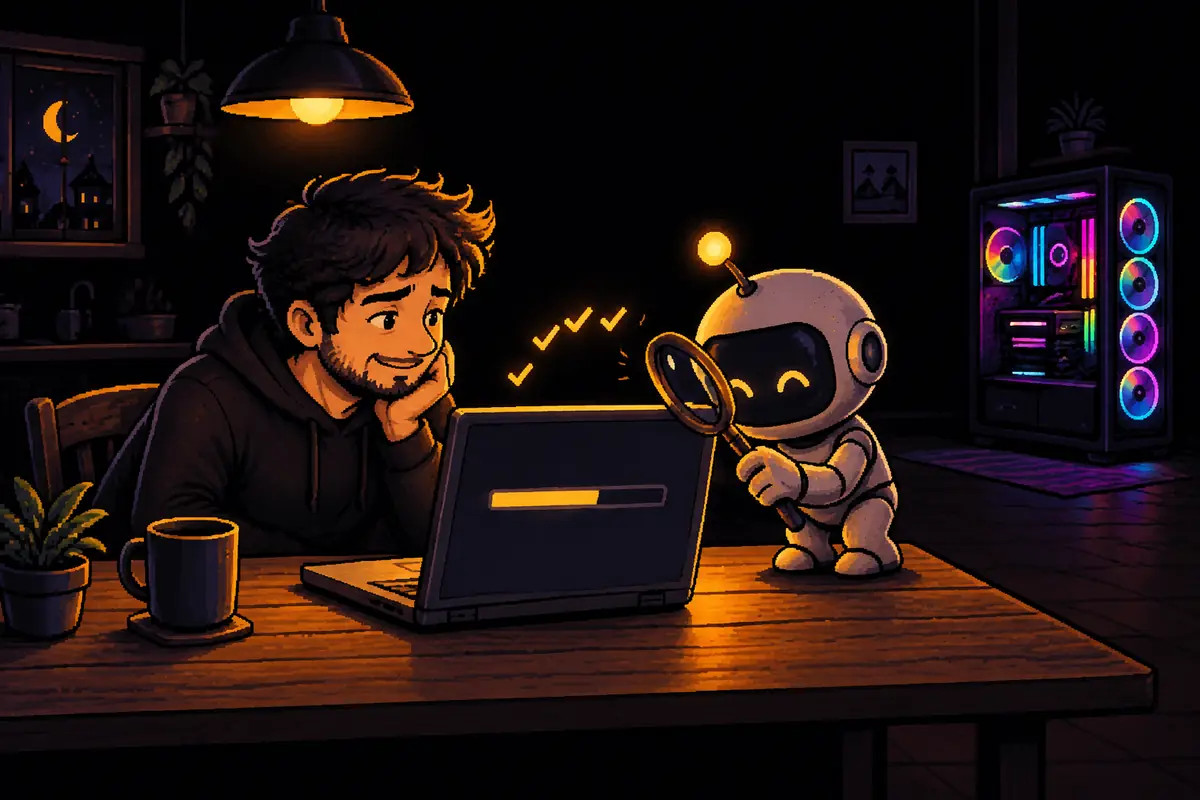 Ilustração em pixel art: um homem sentado à mesa da cozinha, à noite, diante de um notebook simples, enquanto um pequeno robô examina o notebook com uma lupa e uma barra de carregamento dourada se enche na tela. Imagem gerada por inteligência artificial.