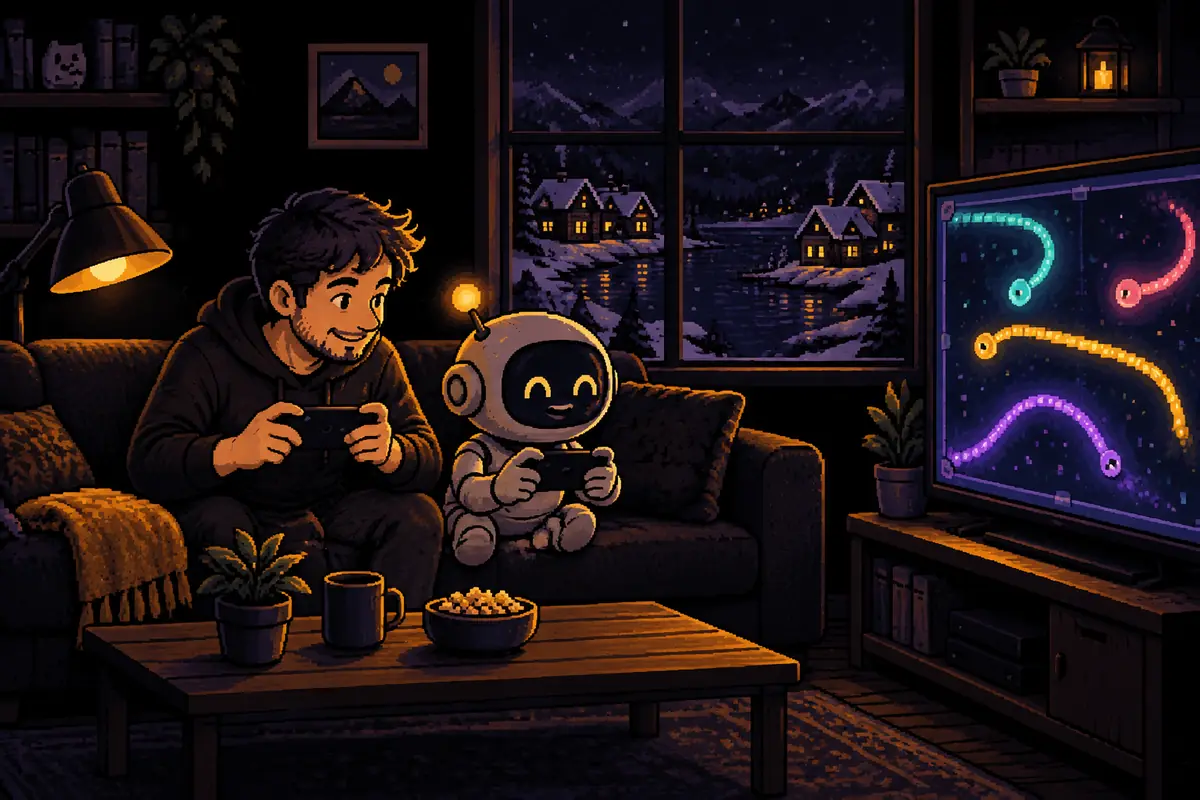 Ilustração em pixel art: à noite, um homem e um pequeno robô no sofá da sala, cada um com um celular na mão como controle, jogam na TV um jogo de rastros coloridos de luz que se cruzam numa arena escura; pela janela, casinhas com neve. Imagem gerada por inteligência artificial.