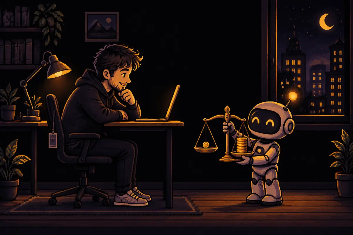 Pixel art illustration: at night, a man sits at a computer on a desk at home, with a work badge hanging on his chair; beside him, a small robot holds an old balance scale with one gold coin on one pan and a tall stack of coins on the other. Image generated by artificial intelligence.
