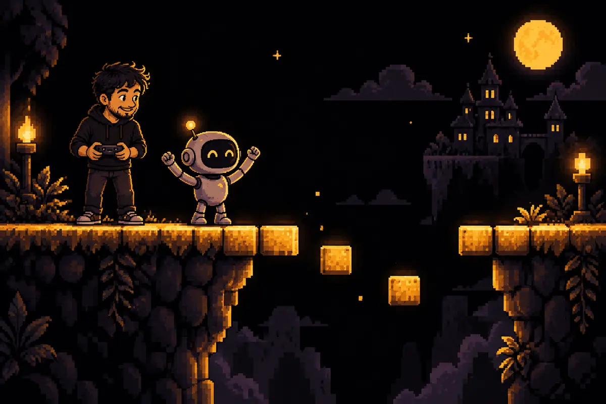 Ilustração em pixel art: um pequeno robô ergue os braços, orgulhoso, na beira de uma ponte de jogo construída só até a metade, com um vão no meio, enquanto um homem, de controle na mão, sorri ao lado dele. Imagem gerada por inteligência artificial.