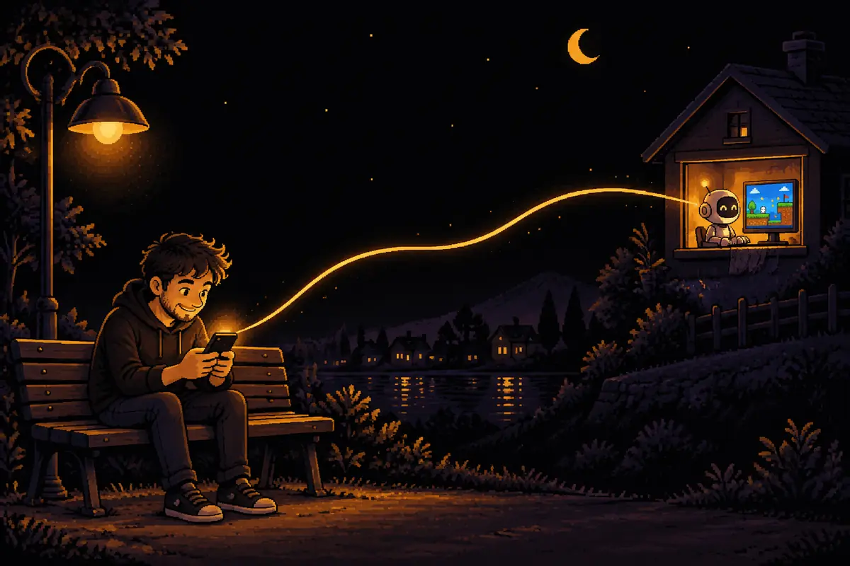 Ilustração em pixel art: à noite, o homem, sozinho num banco de praça, mexe no celular, e um fio de luz dourada sai da tela até a janela de uma casa distante, onde o pequeno robô trabalha num computador que mostra um jogo de plataforma. Mostra o celular como controle e o computador como o lugar onde o trabalho acontece. Imagem gerada por inteligência artificial.