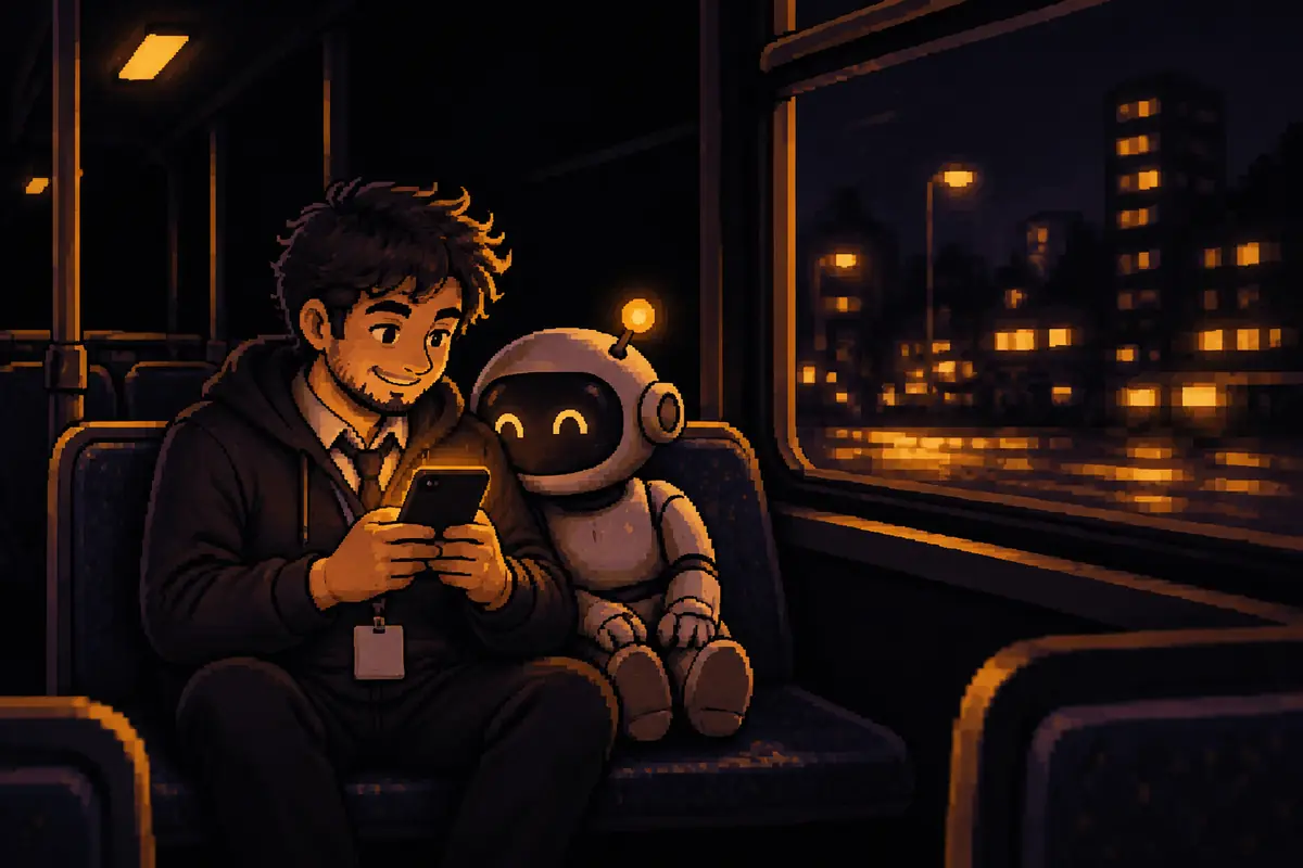 Pixel art illustration: at night, on an almost empty bus, the man heads home from work with his badge on and his tie loosened, looking at his phone and smiling; the small robot, sitting beside him, leans in to see the screen too. Image generated by artificial intelligence.