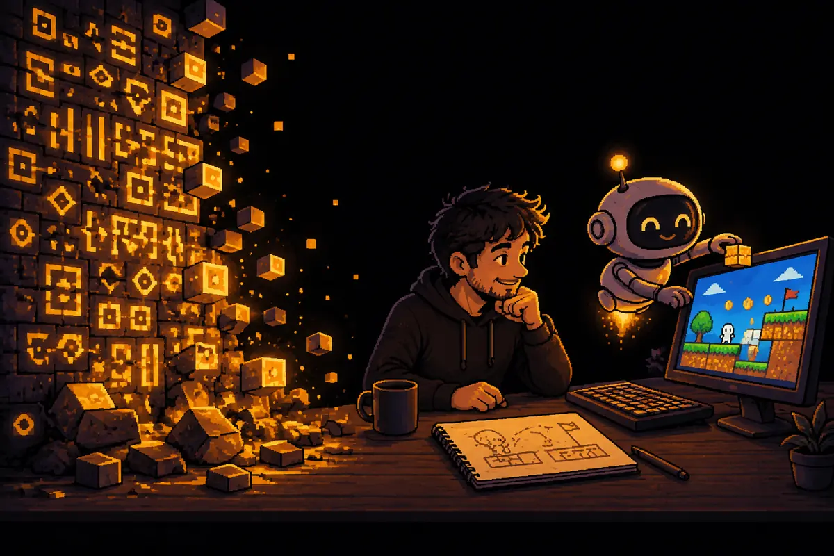 Ilustração em pixel art: de um lado, uma parede de código desmorona em blocos dourados; do outro, uma pessoa conversa com um pequeno robô que monta uma fase de jogo na tela. Imagem gerada por inteligência artificial.