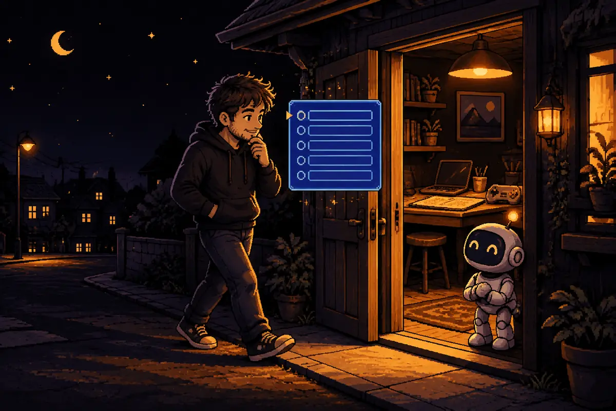 Pixel art illustration: at night, a man stops in front of the lit doorway of a small shop, and next to him floats a blue menu window with five empty bars; a small robot waits by the door. Image generated by artificial intelligence.