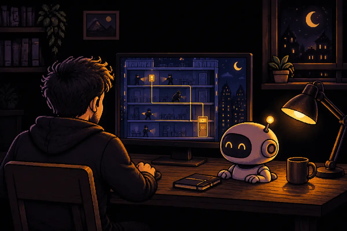 Ilustración en pixel art: de noche, un hombre visto de espaldas y un pequeño robot sobre el escritorio miran un monitor con un juego de espías, con un edificio cortado por la mitad, un espía con abrigo escondido en un piso y cables dorados que unen un interruptor a una puerta. Imagen generada por inteligencia artificial.
