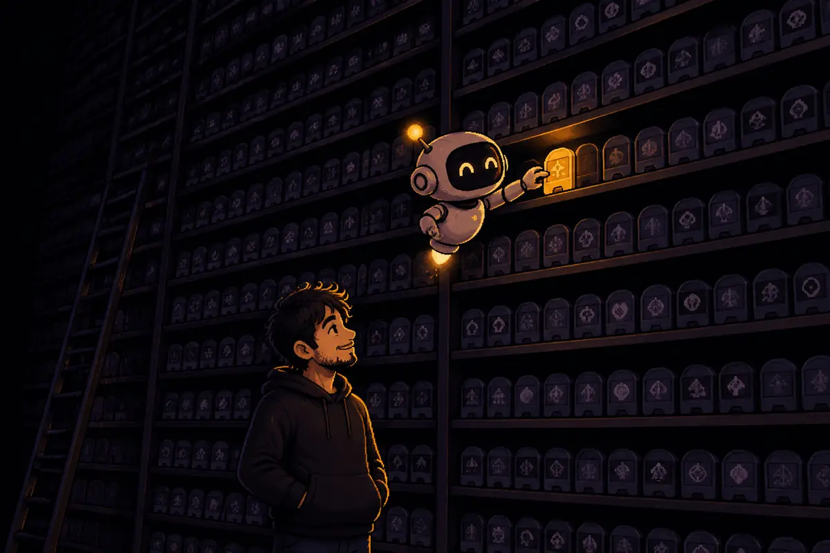 Ilustração em pixel art: à noite, um homem e um pequeno robô diante de uma estante gigantesca, cheia de cartuchos de jogo apagados; o robô encaixa num vão um cartucho pequeno que brilha em dourado. Imagem gerada por inteligência artificial.