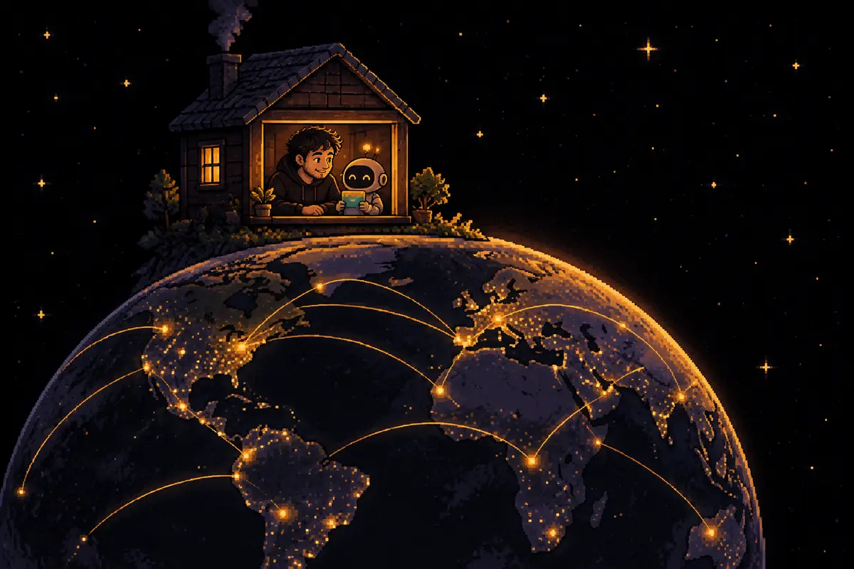 Ilustração em pixel art: à noite, um homem e um pequeno robô na janela de uma casinha sobre um globo gigante, de onde saem linhas douradas que acendem pontos de luz em vários lugares do mundo. Imagem gerada por inteligência artificial.