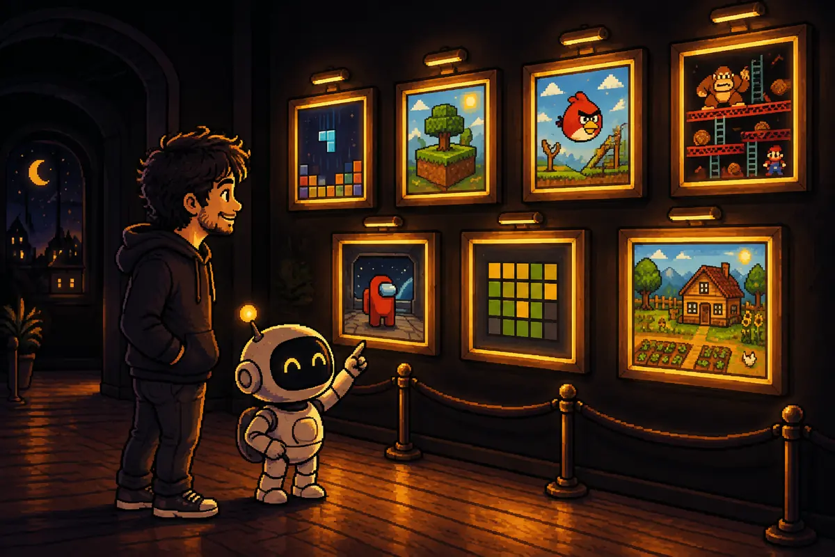 Ilustração em pixel art: um homem e um pequeno robô num corredor de museu, à noite, olhando quadros de Tetris, Minecraft, Angry Birds, Donkey Kong, Among Us, Wordle e Stardew Valley. Imagem gerada por inteligência artificial.