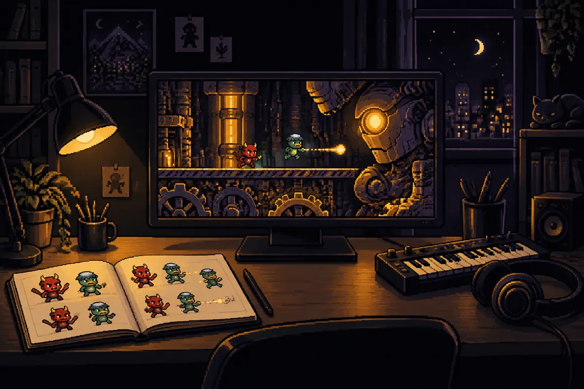 Pixel art illustration: at night, an artist's desk with a monitor showing a side-scrolling action game in which a small red ogre and a green kappa cross the inside of a giant robot; beside it, a sketchbook with pixel art character drawings and a small music keyboard. Image generated by artificial intelligence.