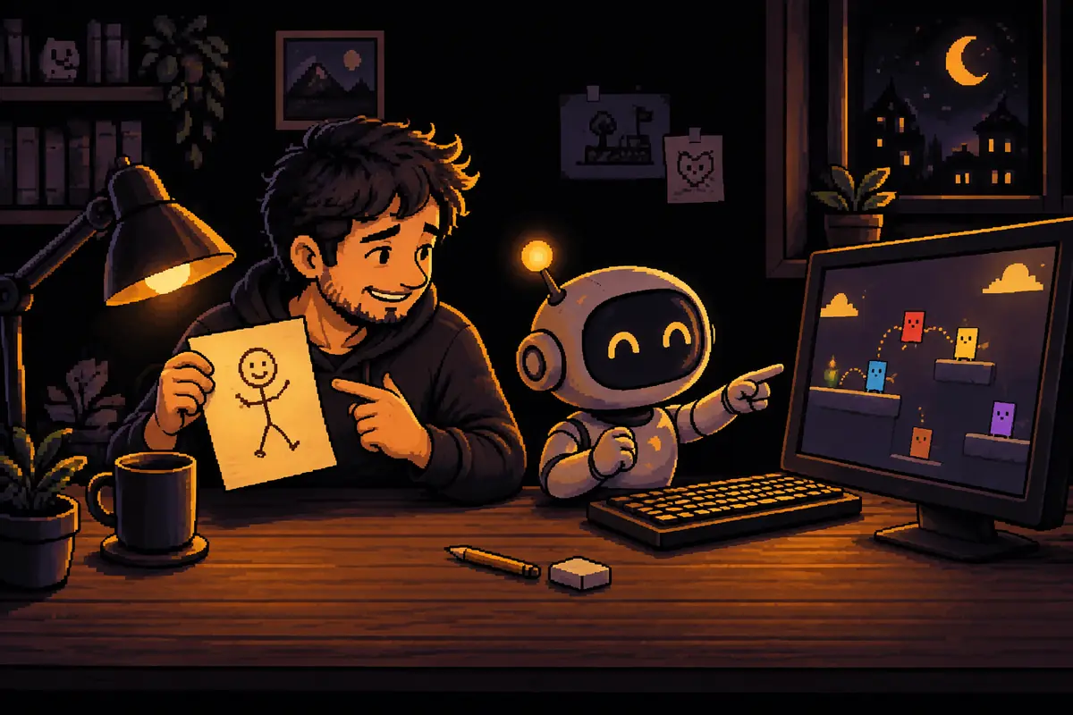 Ilustração em pixel art: um homem segura uma folha com um boneco de palito torto, enquanto um pequeno robô ao lado aponta para uma fase de jogo em que os personagens são retângulos coloridos pulando entre plataformas. Imagem gerada por inteligência artificial.