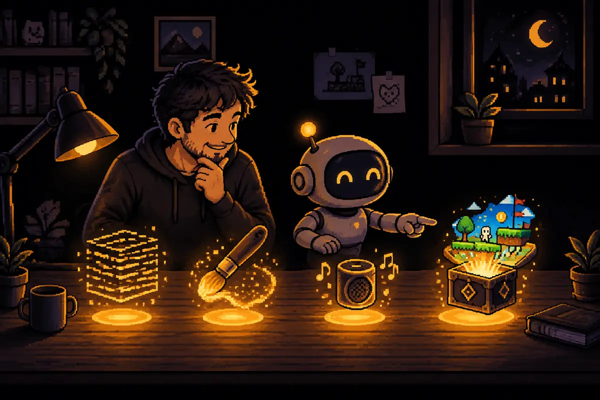 Ilustração em pixel art: um homem e um pequeno robô diante de uma bancada à noite, com quatro ferramentas brilhando lado a lado: um bloco de código, um pincel, um alto-falante com notas musicais e uma caixa mágica que solta um joguinho. Imagem gerada por inteligência artificial.