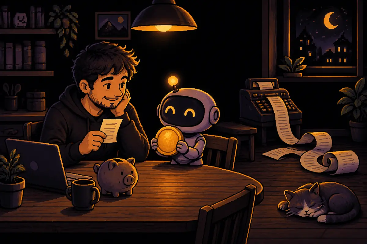 Ilustração em pixel art: à noite, numa mesa de cozinha, um homem lê um cupom fiscal curto enquanto um pequeno robô segura uma moeda dourada; ao fundo, um cupom enorme e enrolado vai sendo deixado de lado. Imagem gerada por inteligência artificial.