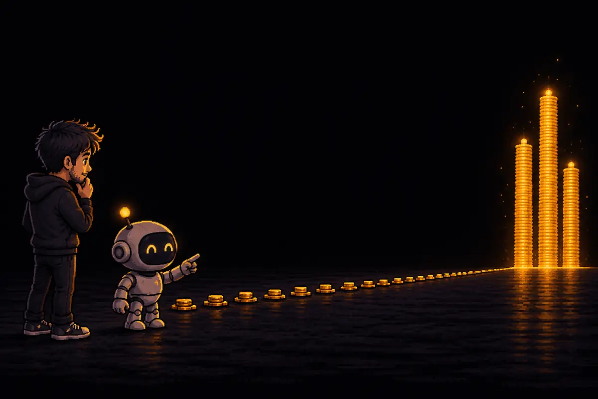 Ilustração em pixel art: à noite, um homem e um pequeno robô olham uma longa fileira de montinhos de moedas douradas quase rasos que termina em poucas torres altas e brilhantes de moedas. Imagem gerada por inteligência artificial.
