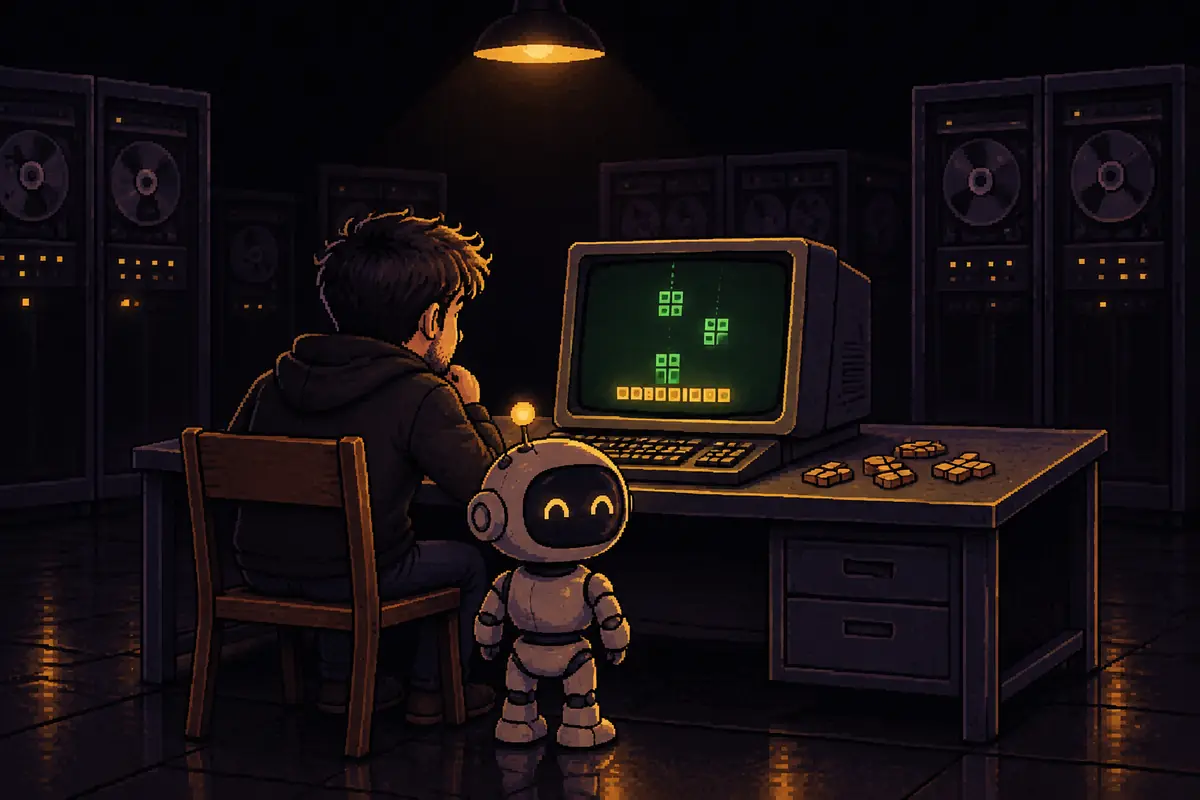 Pixel art illustration: at night, in a lab full of old computers, a man seen from behind looks at a green-screen computer where pieces made of small squares are falling; beside him, a small robot smiles, and wooden puzzle pieces lie on the desk. Image generated by artificial intelligence.