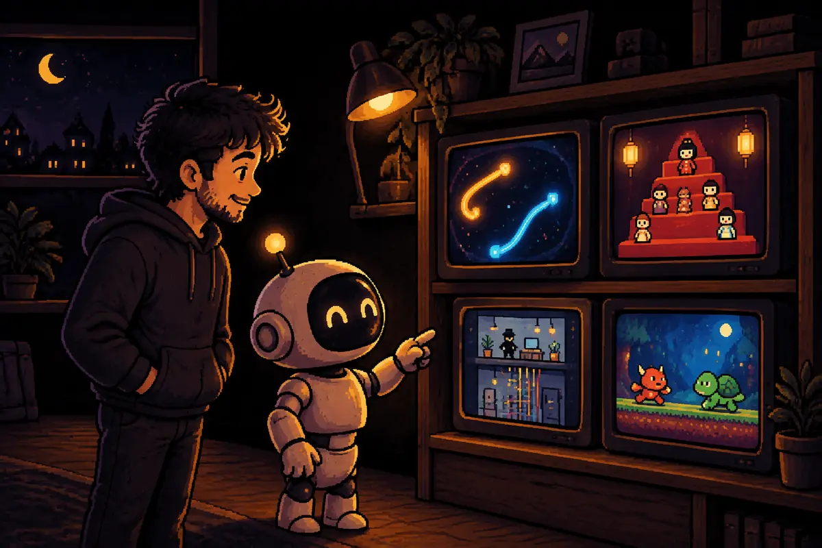 Ilustración en pixel art: de noche, un hombre y un pequeño robot miran una repisa con cuatro pantallas pequeñas encendidas, cada una con un juego sencillo distinto: estelas de colores en una arena, muñecas en un altar de escalones, un espía en un edificio y dos monstruitos en una fase de acción. Imagen generada por inteligencia artificial.