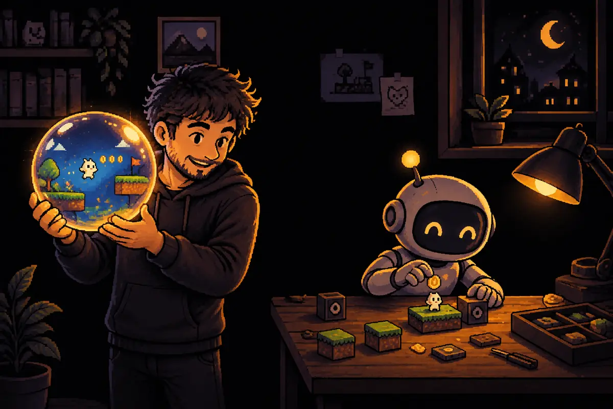 Ilustração em pixel art: um homem segura com cuidado uma bolha de sabão com um pequeno jogo de plataforma rodando dentro, enquanto um pequeno robô, numa bancada ao lado, monta outro jogo peça por peça. Imagem gerada por inteligência artificial.