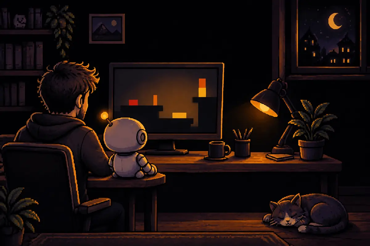 Ilustração em pixel art: à noite, um homem e um pequeno robô, vistos de costas, olham um monitor onde retângulos coloridos de tamanhos diferentes pulam juntos entre plataformas escuras; no chão, um gato dorme. Imagem gerada por inteligência artificial.