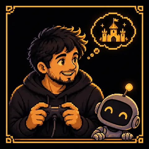Retrato em pixel art de um homem segurando um controle de videogame e sonhando com um castelo, com um pequeno robô ao lado. Imagem gerada por inteligência artificial.